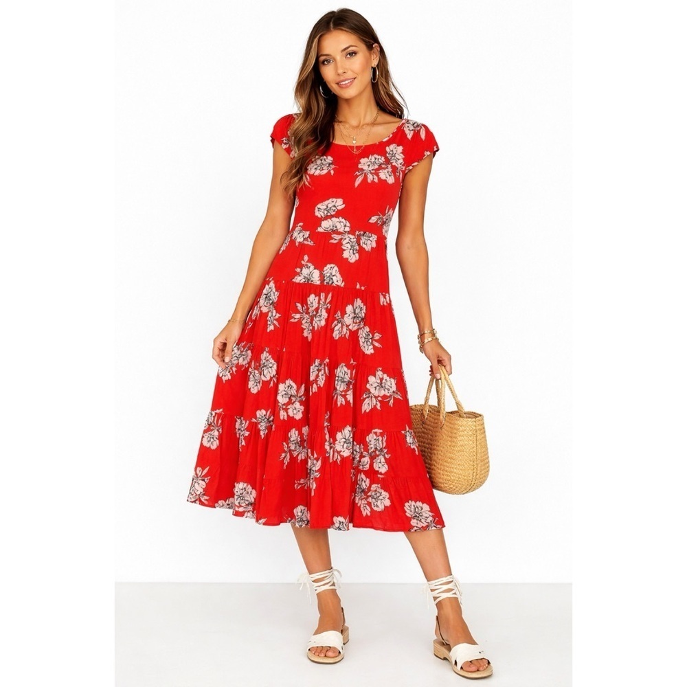FREE PEOPLE Red Floral Tiered Midi Dress